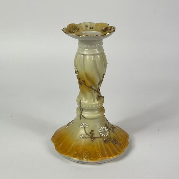 Antique Candlestick Candle Holder Yellow Brown White Daisy Hand Painted Gold - Picture 4 of 14